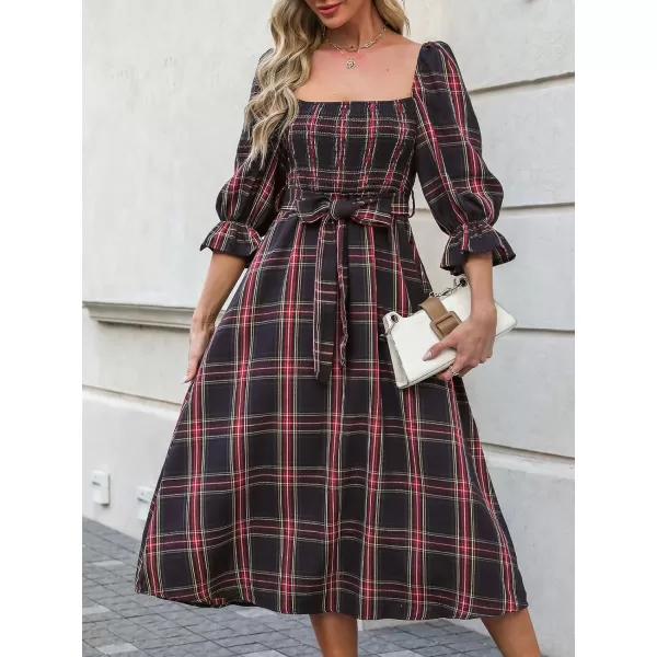 imageCUPSHE Womens Maxi Dress Square Neck Plaid Smocked Belted Ruffled 34 Trumpet Sleeve A Line Long Party DressesNavy Blue
