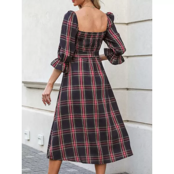 imageCUPSHE Womens Maxi Dress Square Neck Plaid Smocked Belted Ruffled 34 Trumpet Sleeve A Line Long Party DressesNavy Blue