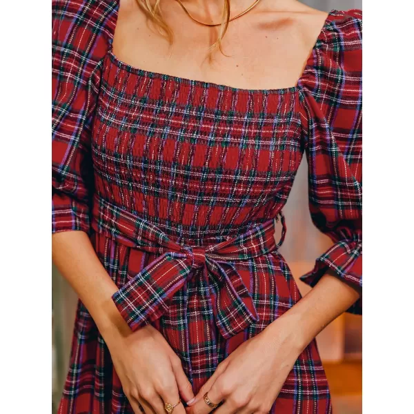 imageCUPSHE Womens Maxi Dress Square Neck Plaid Smocked Belted Ruffled 34 Trumpet Sleeve A Line Long Party DressesRed