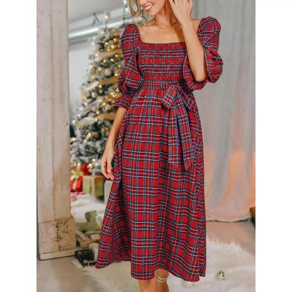 imageCUPSHE Womens Maxi Dress Square Neck Plaid Smocked Belted Ruffled 34 Trumpet Sleeve A Line Long Party DressesRed