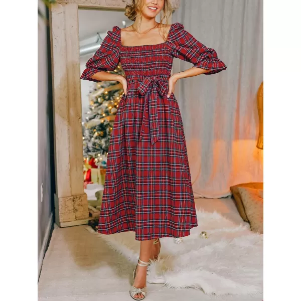 imageCUPSHE Womens Maxi Dress Square Neck Plaid Smocked Belted Ruffled 34 Trumpet Sleeve A Line Long Party DressesRed