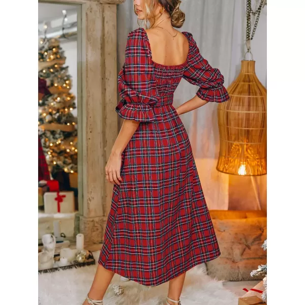 imageCUPSHE Womens Maxi Dress Square Neck Plaid Smocked Belted Ruffled 34 Trumpet Sleeve A Line Long Party DressesRed