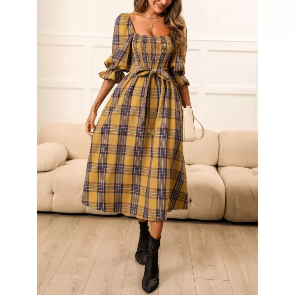 imageCUPSHE Womens Maxi Dress Square Neck Plaid Smocked Belted Ruffled 34 Trumpet Sleeve A Line Long Party DressesYellow