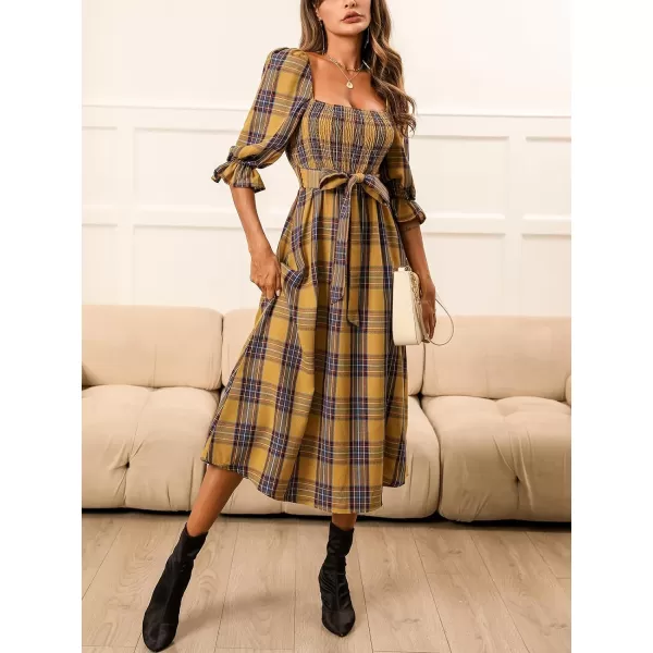 imageCUPSHE Womens Maxi Dress Square Neck Plaid Smocked Belted Ruffled 34 Trumpet Sleeve A Line Long Party DressesYellow