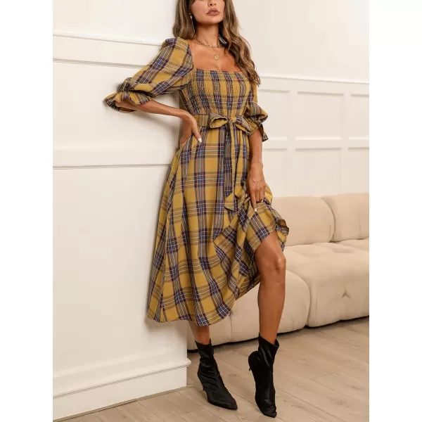 imageCUPSHE Womens Maxi Dress Square Neck Plaid Smocked Belted Ruffled 34 Trumpet Sleeve A Line Long Party DressesYellow