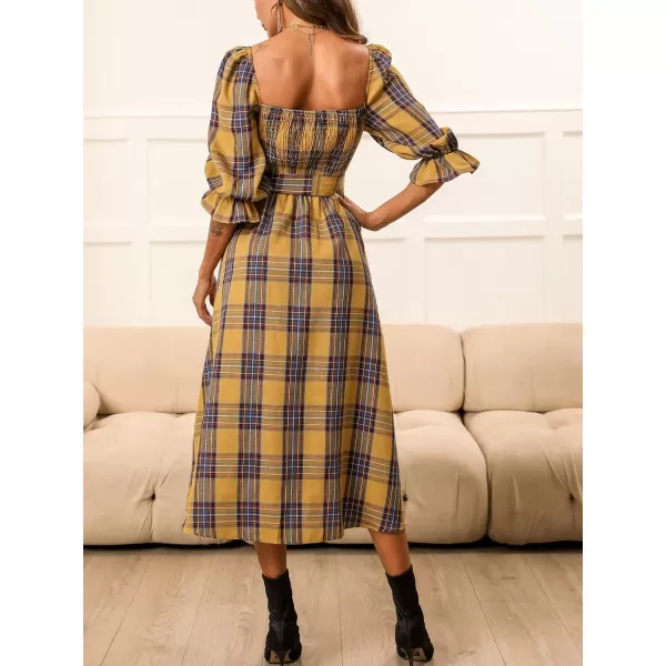 imageCUPSHE Womens Maxi Dress Square Neck Plaid Smocked Belted Ruffled 34 Trumpet Sleeve A Line Long Party DressesYellow