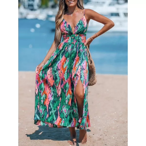 imageCUPSHE Womens Maxi Dress V Neck Abstract Cutout Slit Sleeveless A Line Casual Long Summer DressGreen Abstract