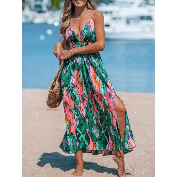 imageCUPSHE Womens Maxi Dress V Neck Abstract Cutout Slit Sleeveless A Line Casual Long Summer DressGreen Abstract