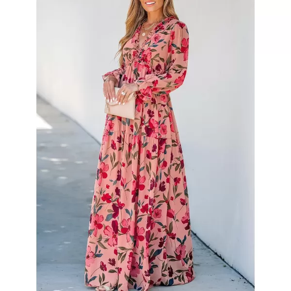 imageCUPSHE Womens Maxi Dress V Neck Floral Print Ruffled Long Sleeve A Line Flounce Hem Chiffon Casual DressPink Floral