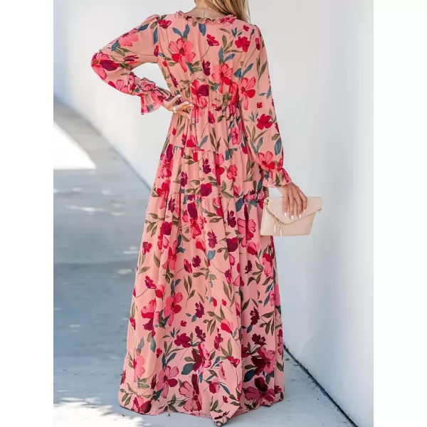 imageCUPSHE Womens Maxi Dress V Neck Floral Print Ruffled Long Sleeve A Line Flounce Hem Chiffon Casual DressPink Floral