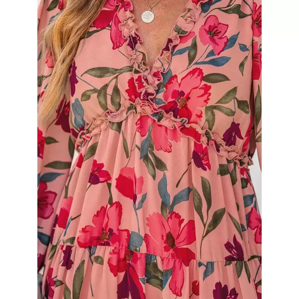 imageCUPSHE Womens Maxi Dress V Neck Floral Print Ruffled Long Sleeve A Line Flounce Hem Chiffon Casual DressPink Floral