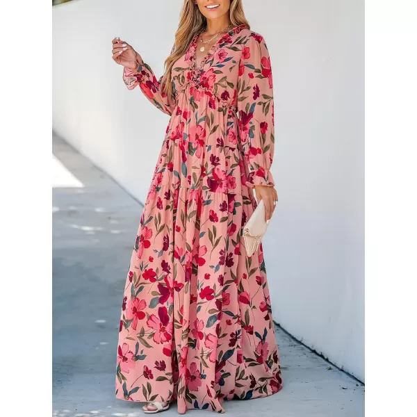 imageCUPSHE Womens Maxi Dress V Neck Floral Print Ruffled Long Sleeve A Line Flounce Hem Chiffon Casual DressPink Floral