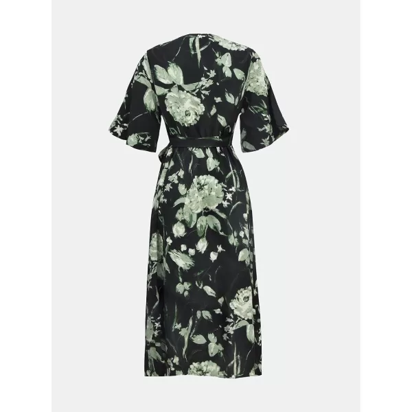 imageCUPSHE Womens Maxi Dress V Neck Floral Print Short Sleeve Belted Long A Line Casual Loose DressBlack Floral