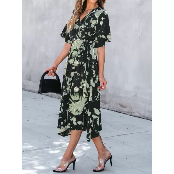 imageCUPSHE Womens Maxi Dress V Neck Floral Print Short Sleeve Belted Long A Line Casual Loose DressBlack Floral