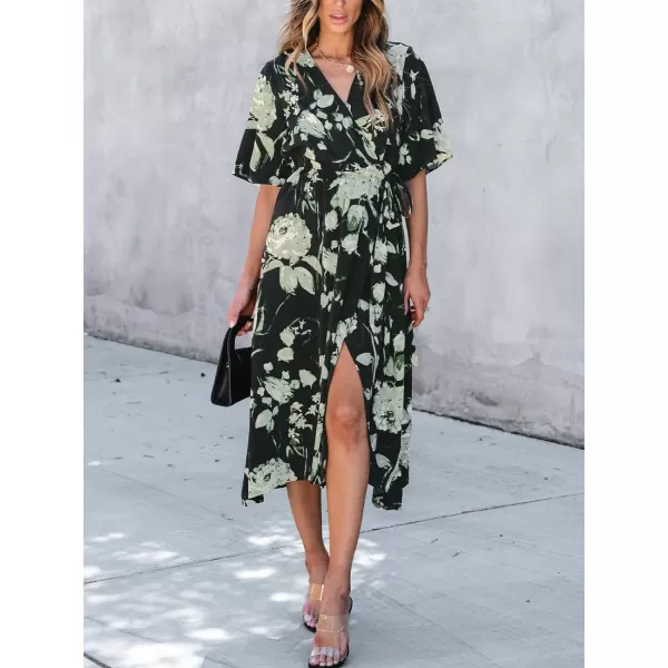 imageCUPSHE Womens Maxi Dress V Neck Floral Print Short Sleeve Belted Long A Line Casual Loose DressBlack Floral