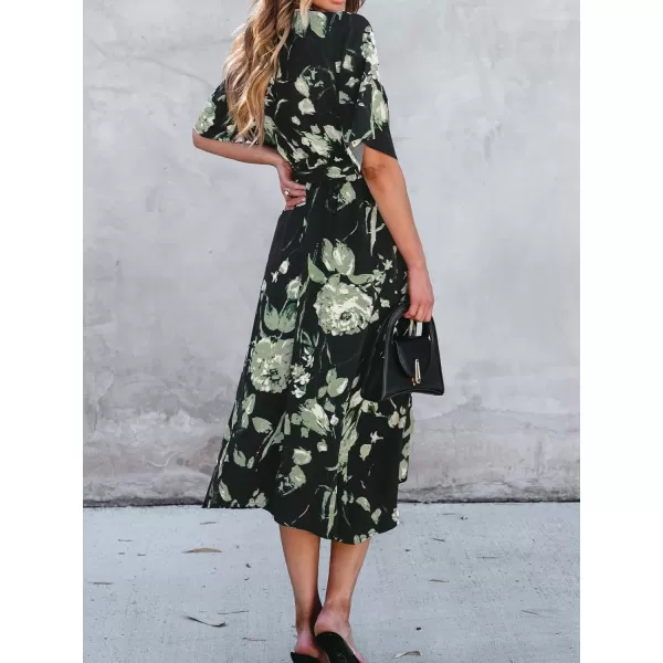 imageCUPSHE Womens Maxi Dress V Neck Floral Print Short Sleeve Belted Long A Line Casual Loose DressBlack Floral