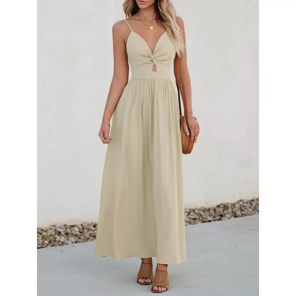 imageCUPSHE Womens Maxi Dress V Neck Twisted Sleeveless Cutout Self Tie Long Dress Summer Formal DressBeige