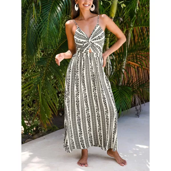 imageCUPSHE Womens Maxi Dress V Neck Twisted Sleeveless Cutout Self Tie Long Dress Summer Formal DressBlack Striped