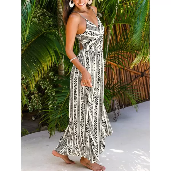 imageCUPSHE Womens Maxi Dress V Neck Twisted Sleeveless Cutout Self Tie Long Dress Summer Formal DressBlack Striped