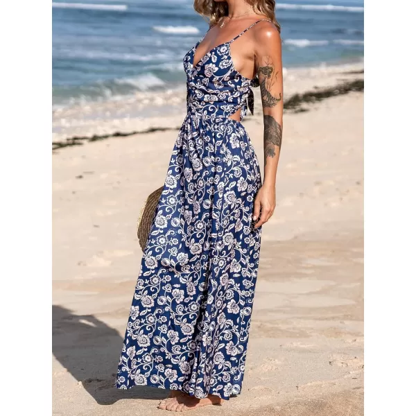imageCUPSHE Womens Maxi Dress V Neck Twisted Sleeveless Cutout Self Tie Long Dress Summer Formal DressNavy Paisley