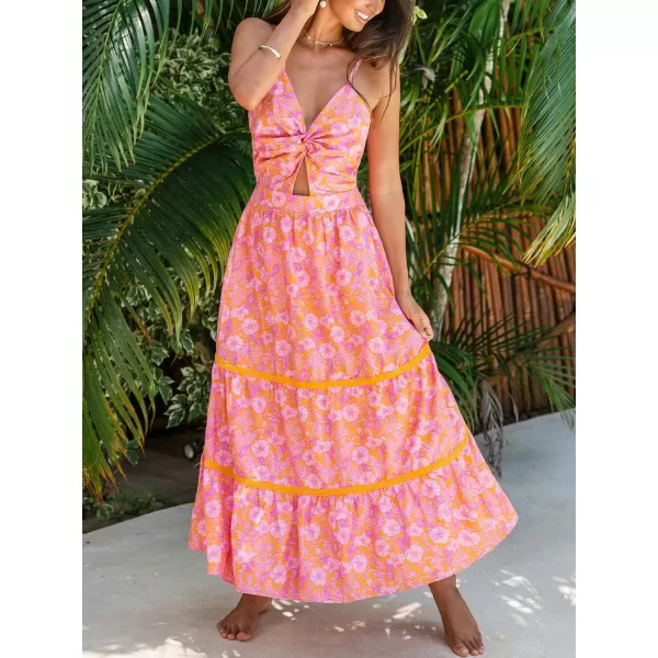 imageCUPSHE Womens Maxi Dress V Neck Twisted Sleeveless Cutout Self Tie Long Dress Summer Formal DressPink Floral