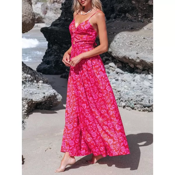imageCUPSHE Womens Maxi Dress V Neck Twisted Sleeveless Cutout Self Tie Long Dress Summer Formal DressRed Floral