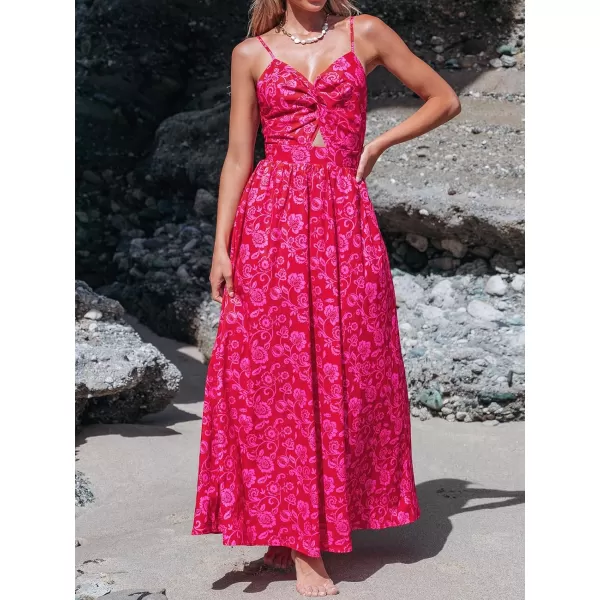 imageCUPSHE Womens Maxi Dress V Neck Twisted Sleeveless Cutout Self Tie Long Dress Summer Formal DressRed Floral