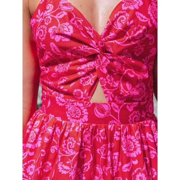 imageCUPSHE Womens Maxi Dress V Neck Twisted Sleeveless Cutout Self Tie Long Dress Summer Formal DressRed Floral