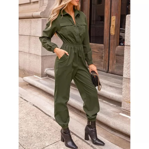 imageCUPSHE Womens Maxi Jumpsuit V Neck Long Sleeve Olive Collared Pleated Smocked Waist Overalls Long Romper Casual with PocketsOlive Green