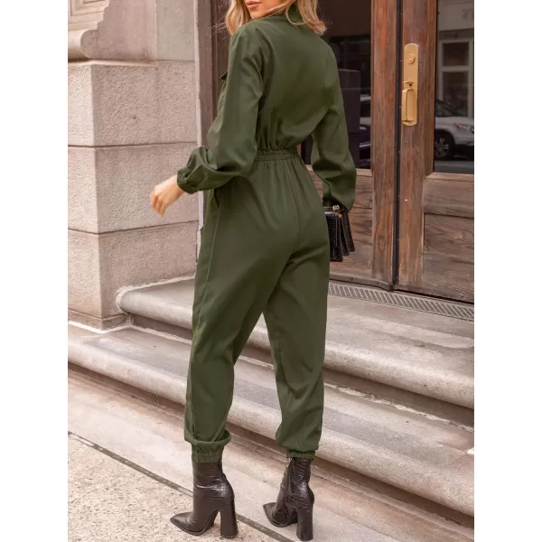 imageCUPSHE Womens Maxi Jumpsuit V Neck Long Sleeve Olive Collared Pleated Smocked Waist Overalls Long Romper Casual with PocketsOlive Green