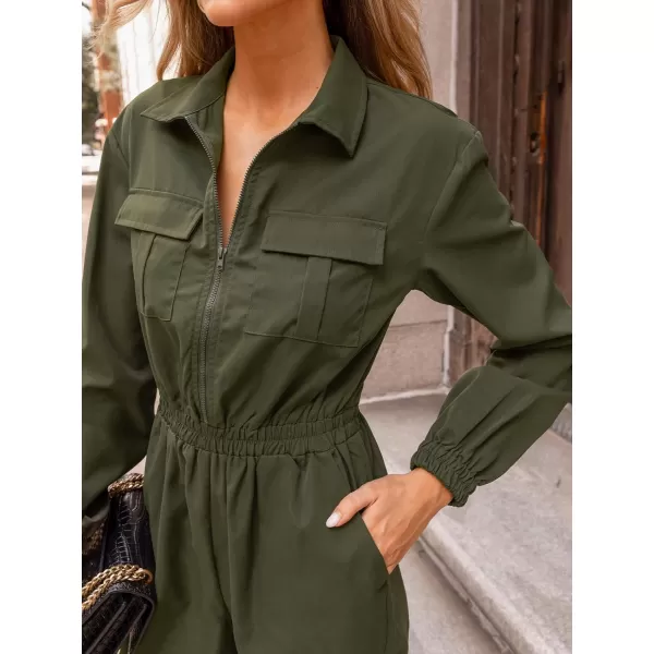 imageCUPSHE Womens Maxi Jumpsuit V Neck Long Sleeve Olive Collared Pleated Smocked Waist Overalls Long Romper Casual with PocketsOlive Green