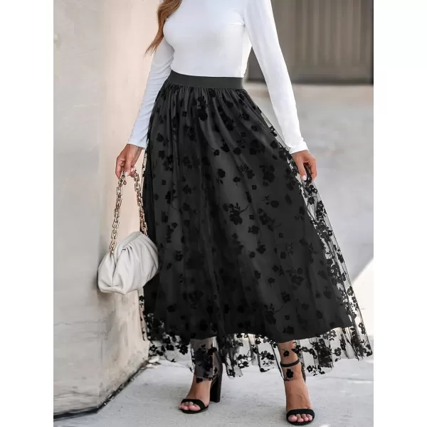 imageCUPSHE Womens Maxi Skirt Floral Embroidery Mesh High Waist Dress SkritsBlack