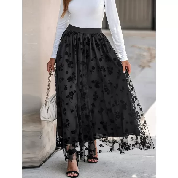 imageCUPSHE Womens Maxi Skirt Floral Embroidery Mesh High Waist Dress SkritsBlack