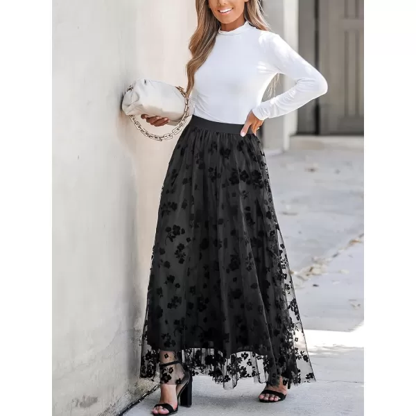 imageCUPSHE Womens Maxi Skirt Floral Embroidery Mesh High Waist Dress SkritsBlack