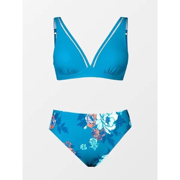 imageCUPSHE Womens Mid Waisted Bikini Swimsuit Floral Plunge Back Hook Two Piece Bathing SuitBlue and Floral