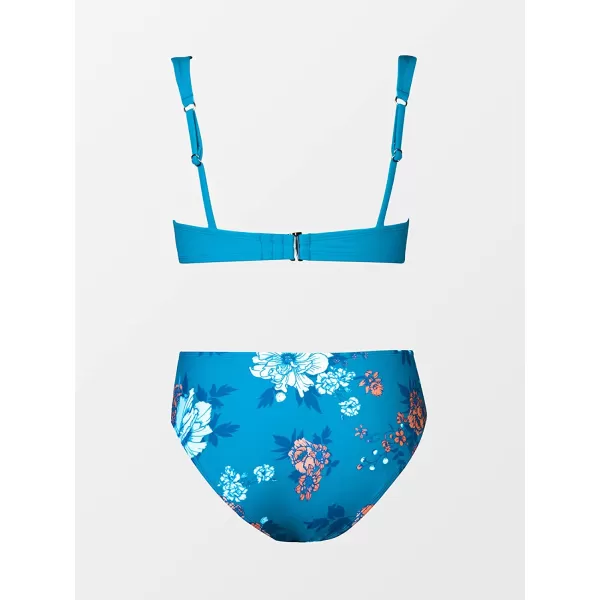 imageCUPSHE Womens Mid Waisted Bikini Swimsuit Floral Plunge Back Hook Two Piece Bathing SuitBlue and Floral