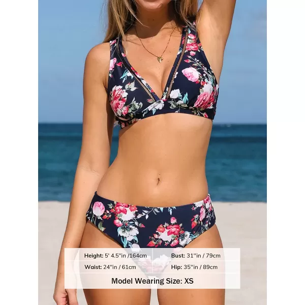 imageCUPSHE Womens Mid Waisted Bikini Swimsuit Floral Plunge Back Hook Two Piece Bathing SuitNavy Floral Print