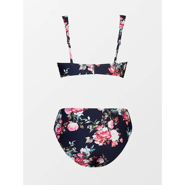 imageCUPSHE Womens Mid Waisted Bikini Swimsuit Floral Plunge Back Hook Two Piece Bathing SuitNavy Floral Print