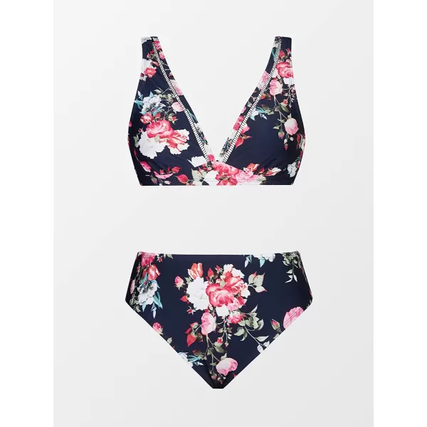 imageCUPSHE Womens Mid Waisted Bikini Swimsuit Floral Plunge Back Hook Two Piece Bathing SuitNavy Floral Print