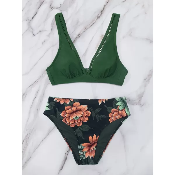 imageCUPSHE Womens Mid Waisted Bikini Swimsuit Floral Plunge Back Hook Two Piece Bathing SuitTeal
