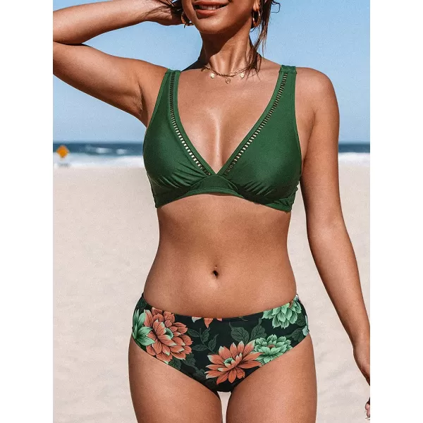imageCUPSHE Womens Mid Waisted Bikini Swimsuit Floral Plunge Back Hook Two Piece Bathing SuitTeal
