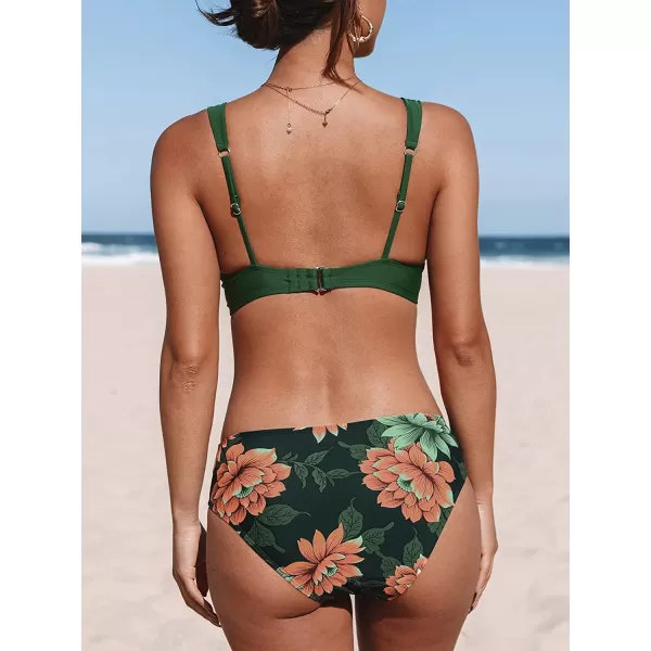 imageCUPSHE Womens Mid Waisted Bikini Swimsuit Floral Plunge Back Hook Two Piece Bathing SuitTeal