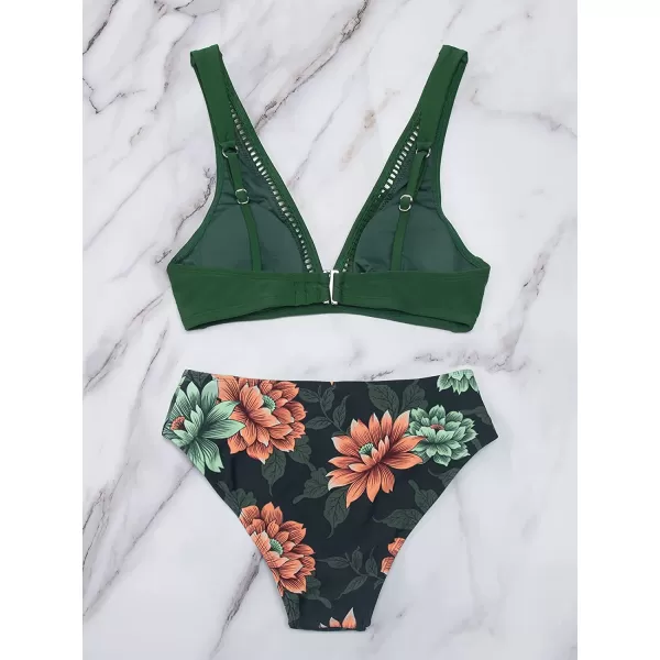 imageCUPSHE Womens Mid Waisted Bikini Swimsuit Floral Plunge Back Hook Two Piece Bathing SuitTeal