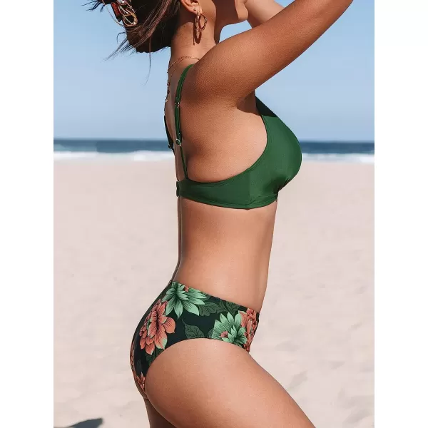 imageCUPSHE Womens Mid Waisted Bikini Swimsuit Floral Plunge Back Hook Two Piece Bathing SuitTeal