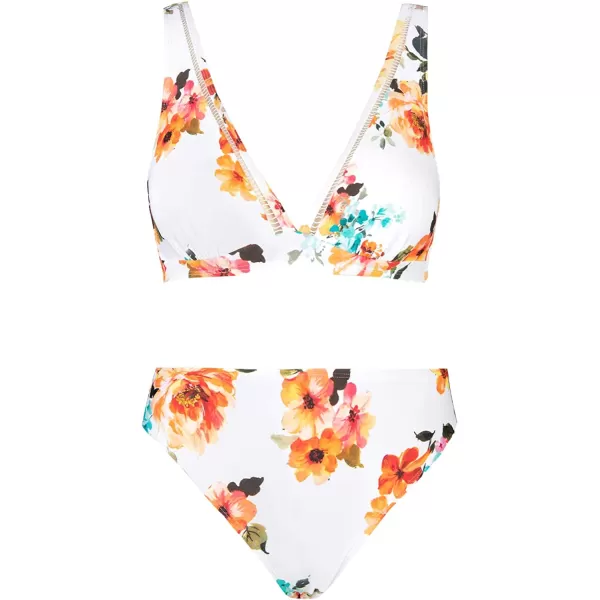 imageCUPSHE Womens Mid Waisted Bikini Swimsuit Floral Plunge Back Hook Two Piece Bathing SuitWhite Floral Print