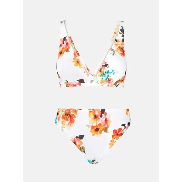 imageCUPSHE Womens Mid Waisted Bikini Swimsuit Floral Plunge Back Hook Two Piece Bathing SuitWhite Floral Print