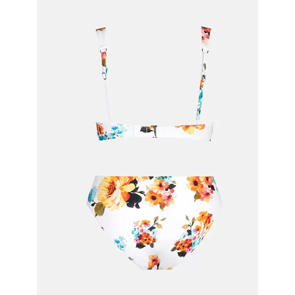 imageCUPSHE Womens Mid Waisted Bikini Swimsuit Floral Plunge Back Hook Two Piece Bathing SuitWhite Floral Print