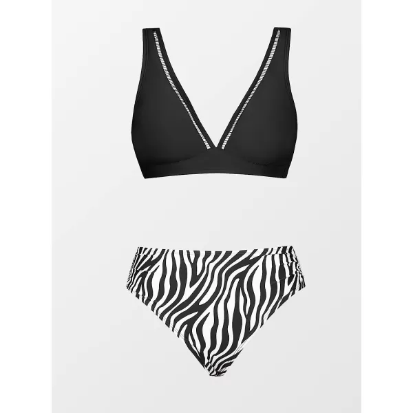 imageCUPSHE Womens Mid Waisted Bikini Swimsuit Floral Plunge Back Hook Two Piece Bathing SuitZebra Print