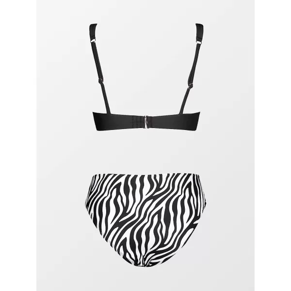 imageCUPSHE Womens Mid Waisted Bikini Swimsuit Floral Plunge Back Hook Two Piece Bathing SuitZebra Print
