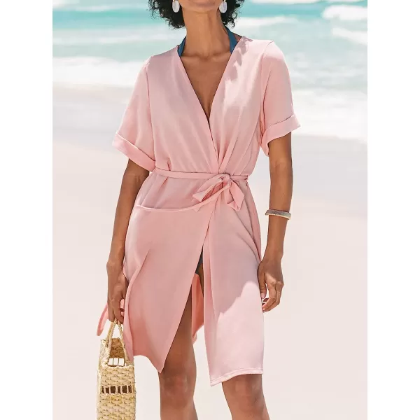 imageCUPSHE Womens Midi Casual Dress Cover Up V Neck Self Tie Belt Split Short Sleeve Open Front PinkPink